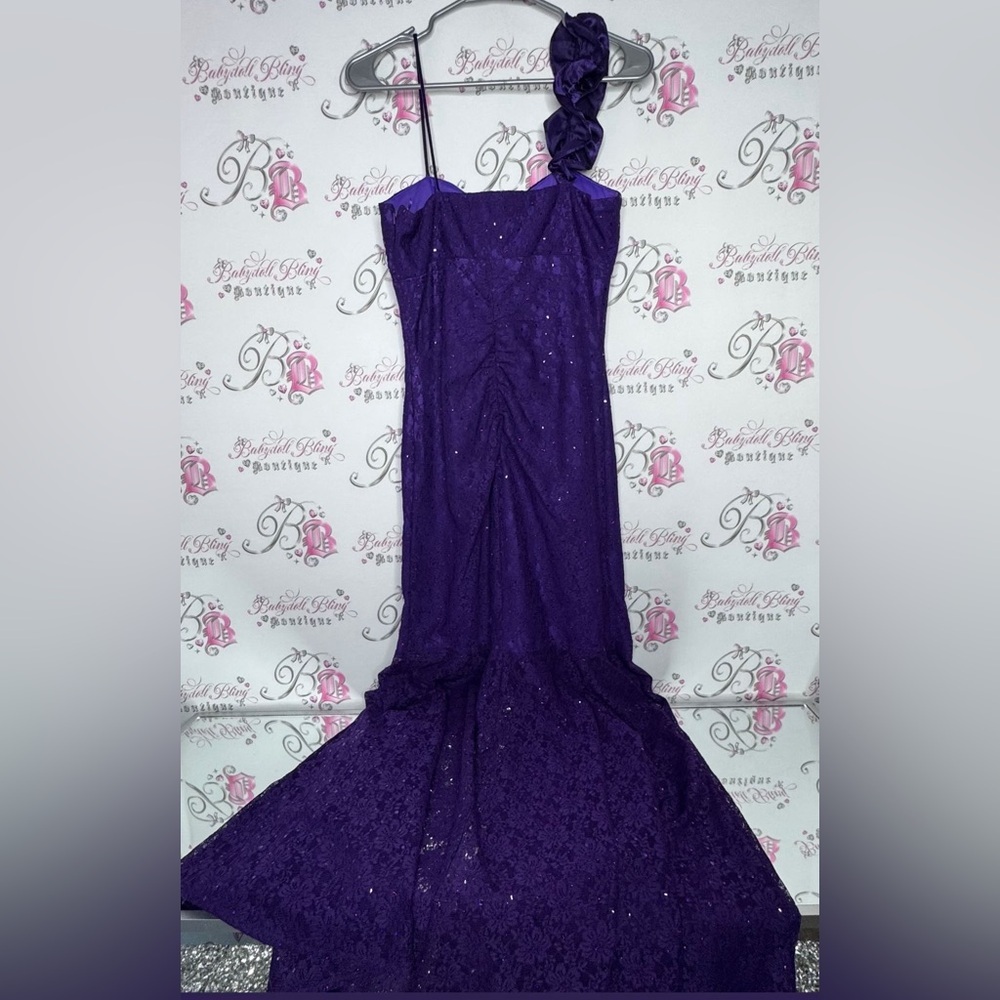 Reign on dress fancy sparkly rutched purple ball gown formal open slit mermaid - Picture 2 of 16